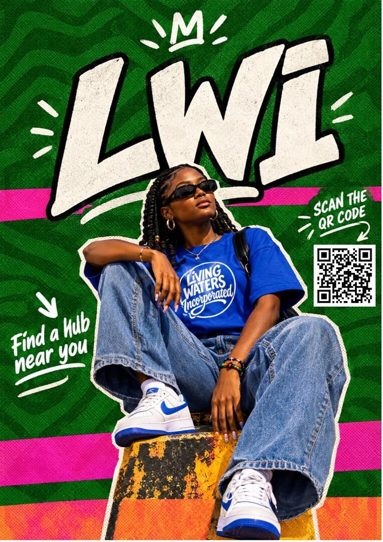 LWI promotional poster: a member wearing a Living Waters Incorporated t-shirt, with the message Find a hub near you